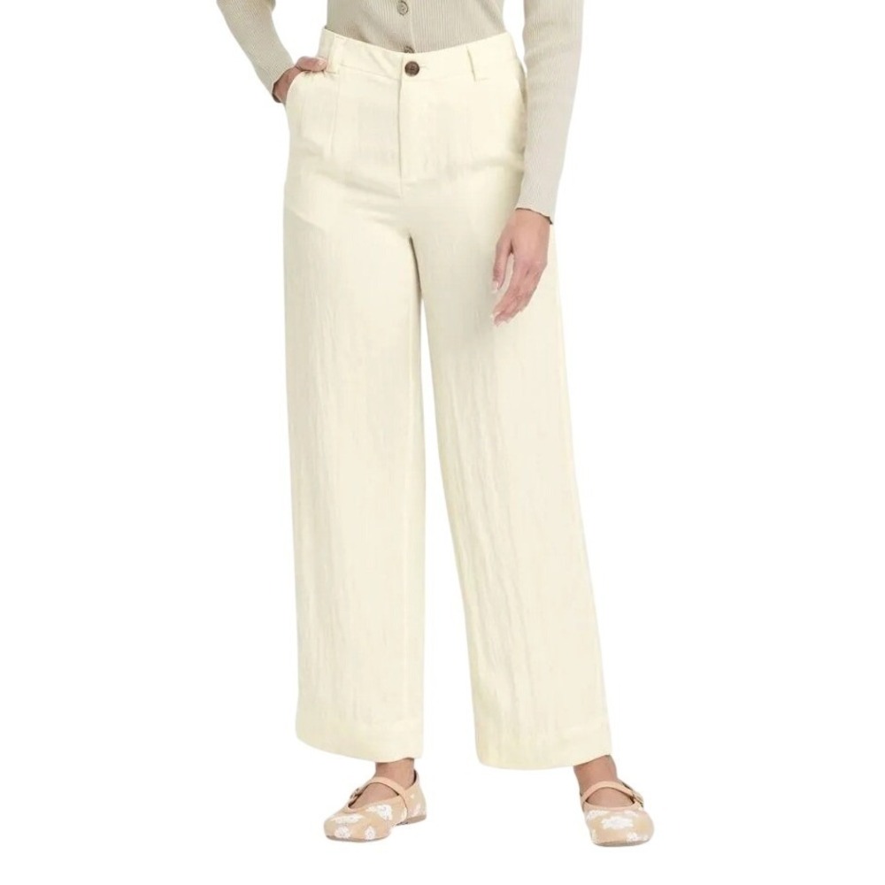 Womens High-Rise Straight Trousers Cream Textured Wide Leg Pants‎ Size 10